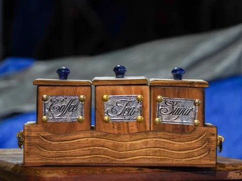 Selective focus of three wooden boxes of coffee,tea and sugar Foto stock