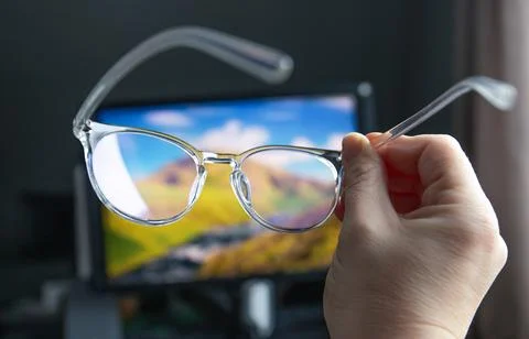Selective focus on transparent clear blue light computer glasses. Foto stock