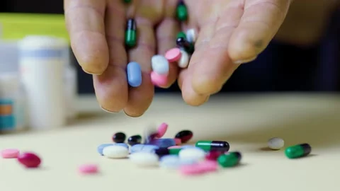 Selective focus unrecognizable human hands pour handful of multi colored tablets Stock Footage 262264855
