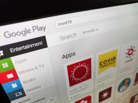 Selective focus on various COVID app available in the Google Play area Stock Photos
