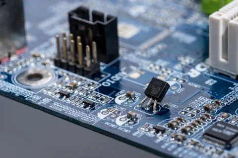 Selective focus of various details of computer motherboard Foto stock