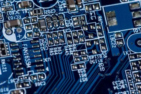 Selective focus of various details of computer motherboard Foto stock