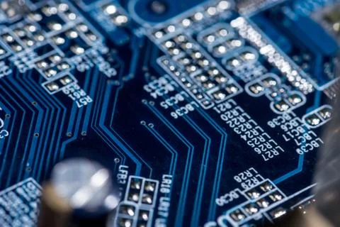 Selective focus of various details of computer motherboard 스톡 사진