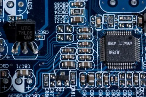 Selective focus of various details of computer motherboard 스톡 사진