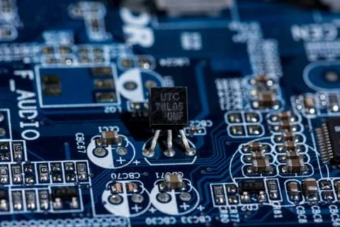 Selective focus of various details of computer motherboard Foto stock