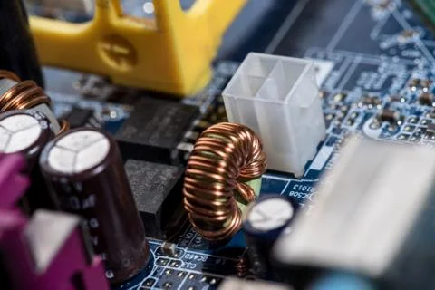 Selective focus of various details of computer motherboard Stock Photos