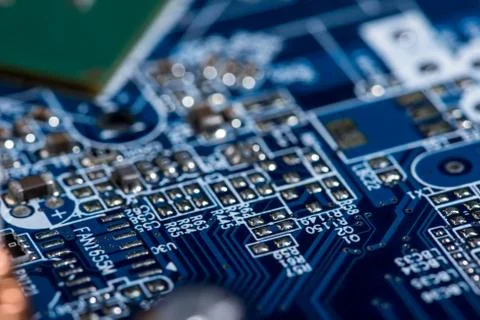 Selective focus of various details of computer motherboard Foto stock