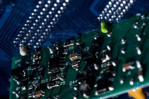 Selective focus of various details of computer motherboard Foto stock