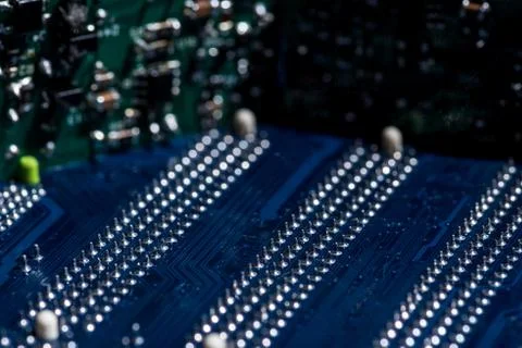 Selective focus of various details of computer motherboard Foto stock