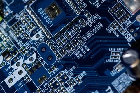 Selective focus of various details of computer motherboard Foto stock