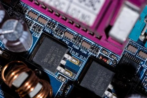 Selective focus of various details of computer motherboard Foto stock