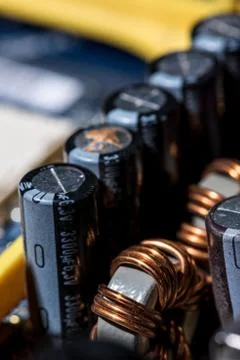 Selective focus of various details of computer motherboard Foto stock