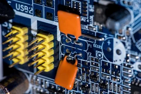 Selective focus of various details of computer motherboard Foto stock