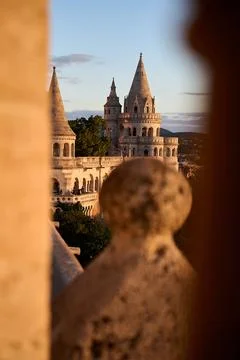 Selective focus view of neo-Romanesque towers at Fisherman's Bastion during s Stock Photos