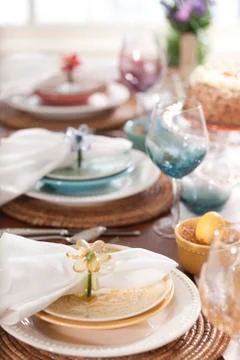 Selective focus view of spring or easter dining place settings Stock Photos