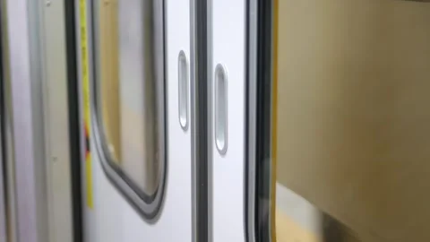 Selective focus view to subway metro underground commuter train door while .. Video stock 321287918