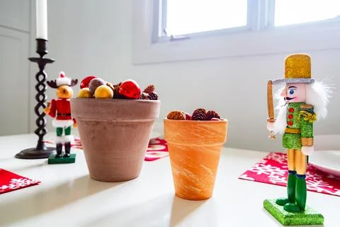 Selective focus view of table decorated for Christmas lunch Stock Photos