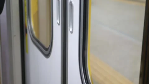 Selective focus view on train subway commuter metro underground door while .. Stock Footage 328101891