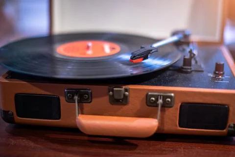 Selective focus to vintage record player on a table in a music studio playi.. Stock Photos