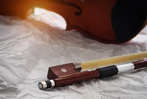 In selective focus of violin bow frog and violin bow screw,the end part of a  Foto stock