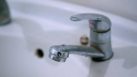 Selective focus of wastafel tap. Close up view Stock Footage 281576207