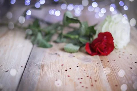 Selective focus white and red roses on wooden table background with copy space Stock Photos