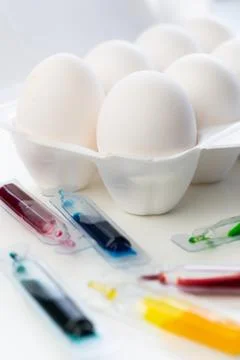 Selective focus, white chicken eggs with dye Stock Photos