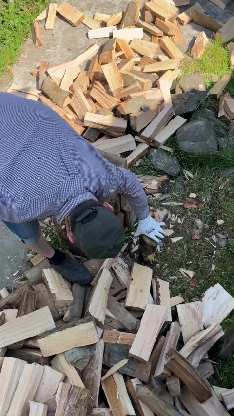Selective focus wood chopping activity in village Stock Footage 335589359