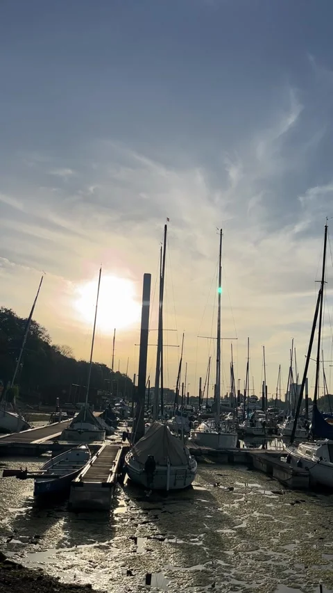 Selective focus on yachts silhouetted at sunset Stock Footage 344804299
