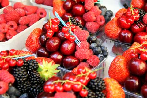 Selective fresh berries in plastic containers Stock Photos