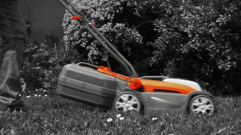 Selective red / orange: Pushing a cordless mower from left to right over grass. Stock-Footage 241507428