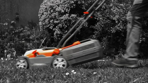 Selective red / orange: Pushing a cordless mower from right to left over grass. Stock Footage 241507744