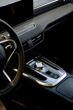 Selector automatic transmission with leather in the interior of a modern car. Stock Photos