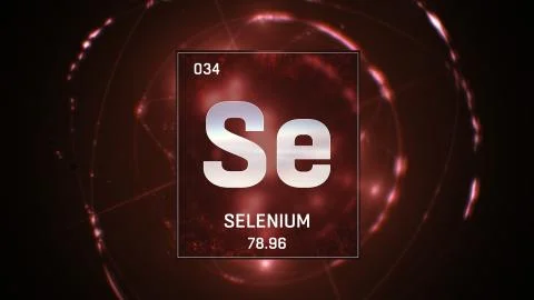 Selenium as Element 34 of the Periodic Table 3D illustration on red background Stock Illustration