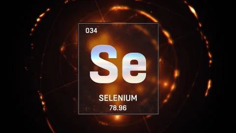 Selenium as Element 34 of the Periodic Table 3D illustration on orange Stock Illustration