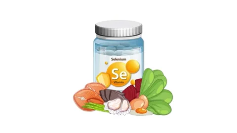 Selenium Supplement Bottle Surrounded by Healthy Food Animation 스톡 동영상 325152704