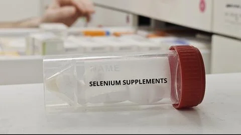 SELENIUM SUPPLEMENTS tablets used to support antioxidant activity and thyroid Stock Photos