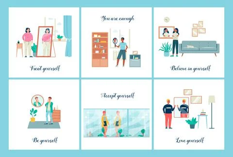 Self acceptance and body positive a vector posters with motivation letterings. Illustrazione stock