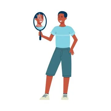 Self acceptance - vector illustration of cartoon man holding mirror Illustrazione stock
