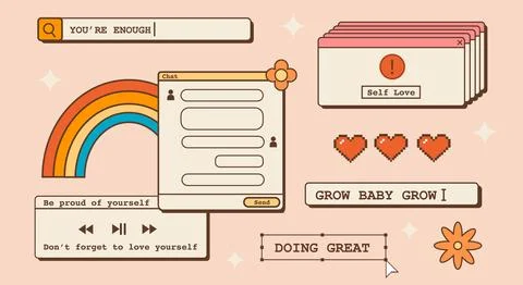 Self affirmation nostalgic poster with 90s old computer user interface elements. Illustrazione stock
