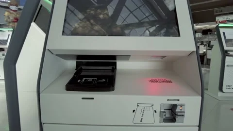 Self-automatic checking in counter and barcode scanning point Stock Footage 157364770