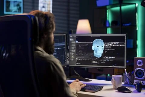 Self aware AI discussing with IT engineer after becoming autonomous Stock Photos