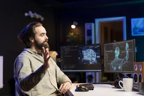 Self aware AI gaining anthropomorphic form inside cyberspace Stock Photos