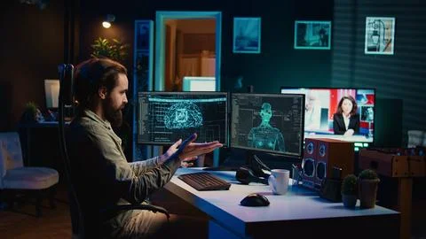 Self aware AI gaining anthropomorphic form inside cyberspace, waving hand Stock Photos