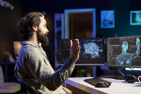 Self aware AI gaining humanoid form inside cyberspace, waving hand Stock Photos