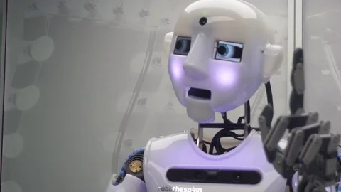 Self Aware Robot Talking and Moving, Artificial Intelligence, Future Technology Stock Footage 81554973