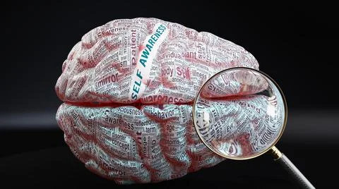 Self awareness in human brain, a concept showing hundreds of crucial words re Stock Photos