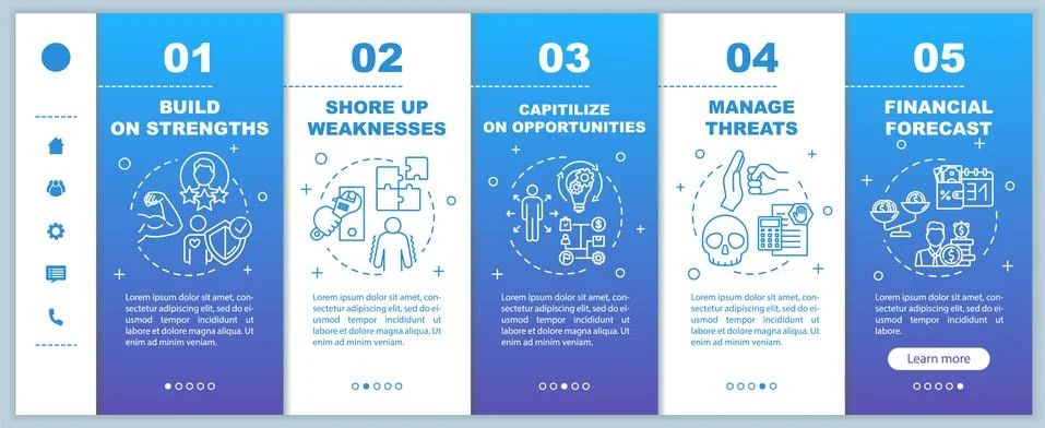 Self-building onboarding vector template. SWOT strategy. Financial forecast Ilustración de archivo