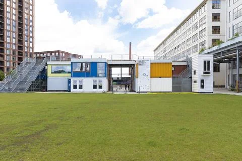 The self built temporary shipping container city Strijp S 스톡 사진