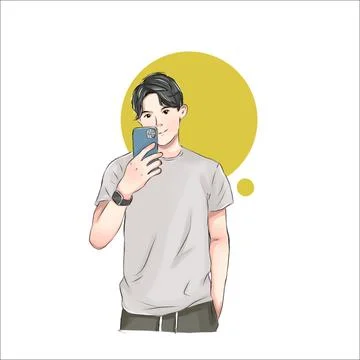 Self Capture: Illustration of a Smiling Young Man Taking a Self-Portrait th.. Stock Illustration